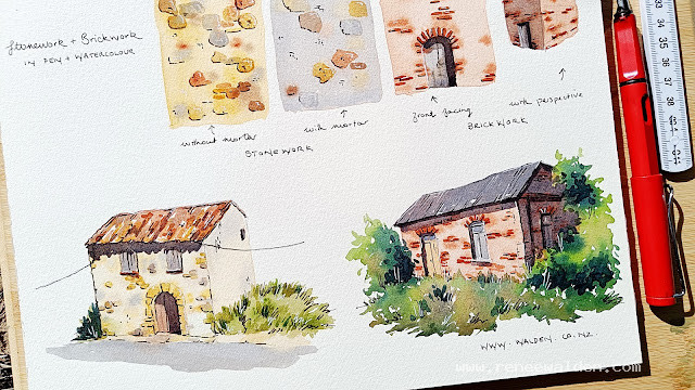 how to paint stonework and brickwork in watercolour and pen