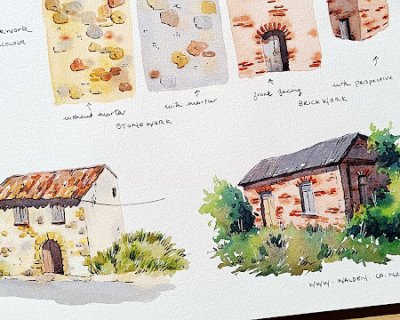 stonework and brickwork in pen and watercolour