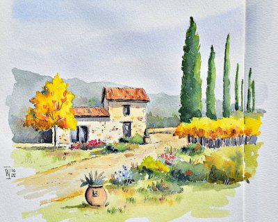 A step-by-step Tuscan sketchbook scene in loose watercolour