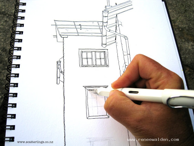 After roughing in the main shapes with a light pencil I start in ink with a fine nib.