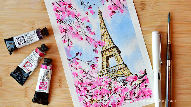 The Eiffel Tower in spring. Pen & watercolour