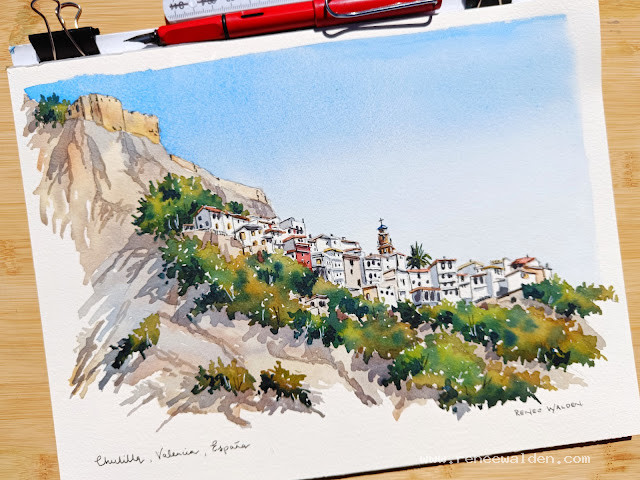 Chulilla, Valencia, Spain. Painting in pen and watercolour