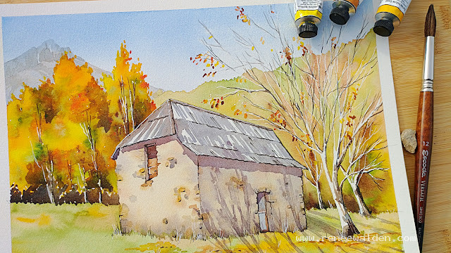 Autumn in the Pineta Valley, Spanish Pyrenees. Pen & watercolour