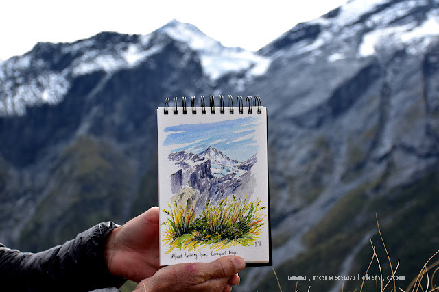 Watercolour sketch of Mt Aspiring from Liverpool Ridge