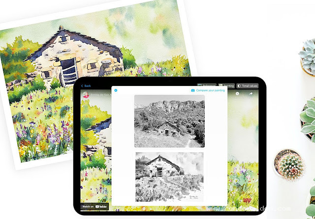 Comparing your painting and reference photo in greyscale to improve your tonal range
