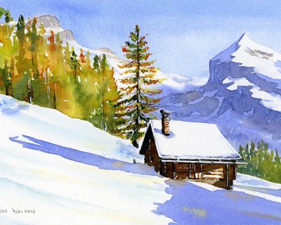 live online painting class - snowy swiss cabin