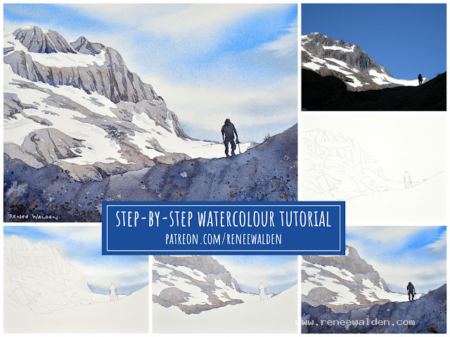 Watercolour painting of a climber in the mountains