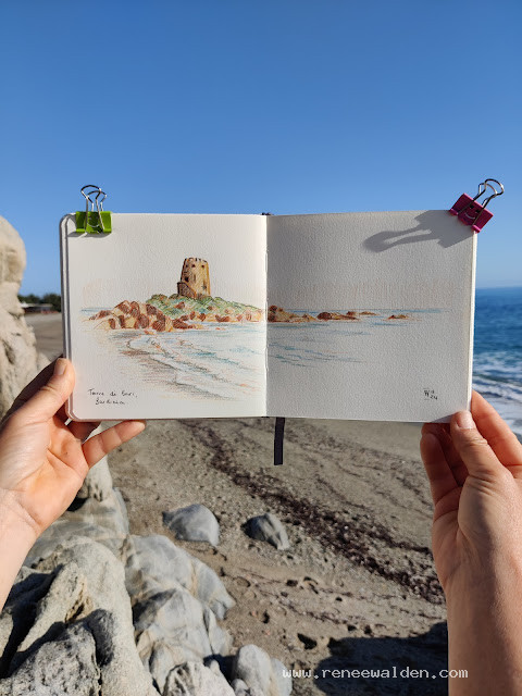 Torre di Bari, Sardinia. Coloured pencil drawing.