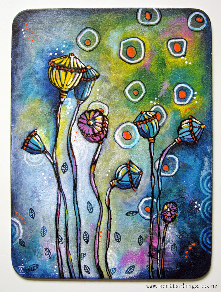 Crazy Poppy Heads - acrylic painting on wood