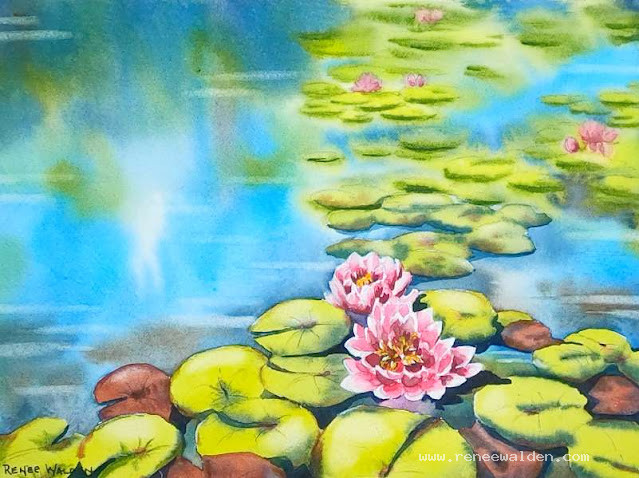A waterlily pond in watercolour