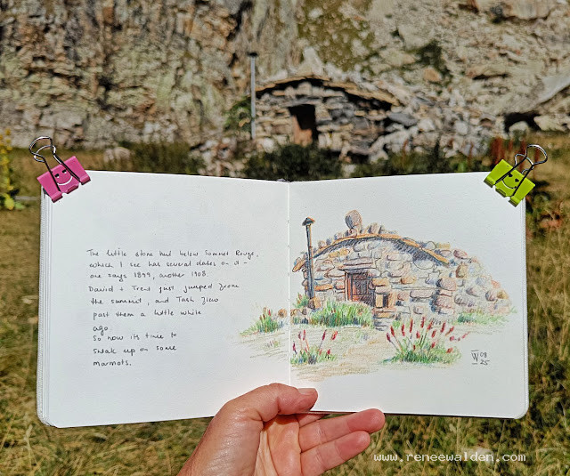 Coloured pencil sketch of a stone mountain hut near Barcelonnette