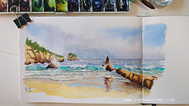 Seascape sketch in pen and watercolour