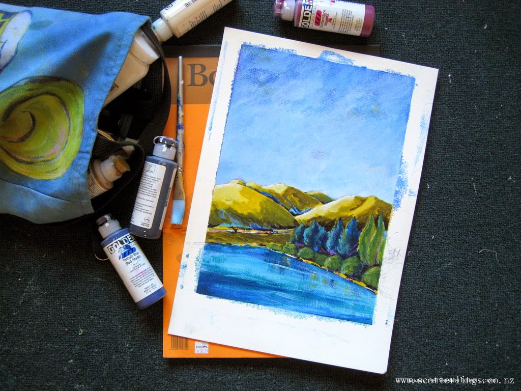 Plein air painting of Lake Dunstan, Cromwell, New Zealand