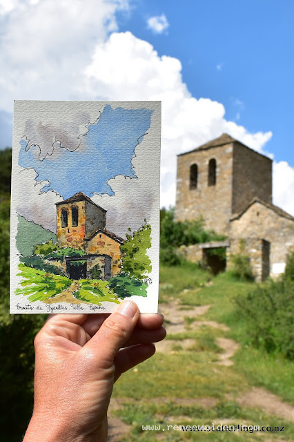 Watercolour postcard of a Ermita near Tella, Spain.
