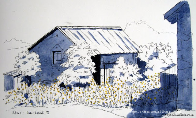 Monochrome pen and watercolour sketch of old barn, France