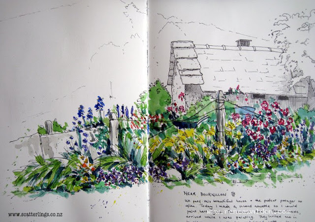 Pen and watercolour sketch of beautiful French potager