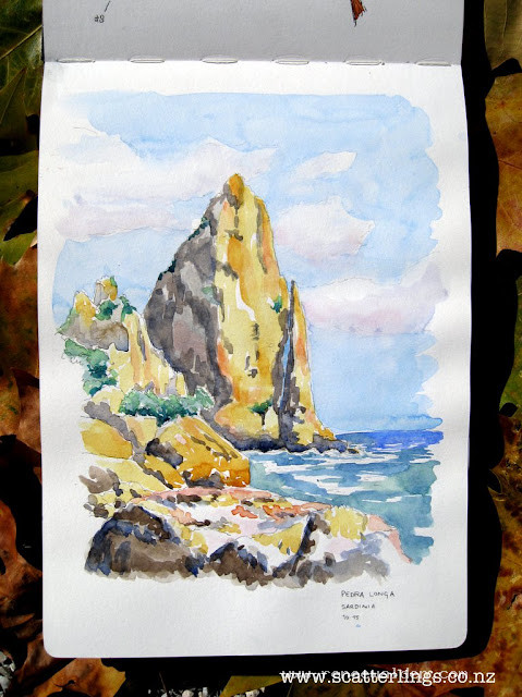 Pedra Longa - a limestone rock tower by the sea.We climbed this one morning. The other side to my sketch.