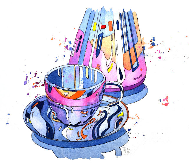 Shiny stainless steel coffee cup and jug in ink and watercolour