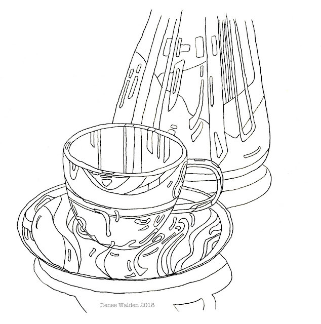 Line drawing of reflections in a stainless steel cup for you to colour yourself.