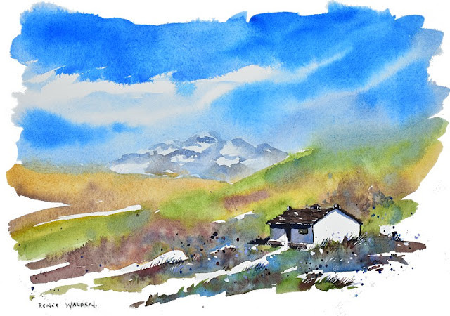 Watercolour of Refugio San Vicende, Pyrenees, Spain
