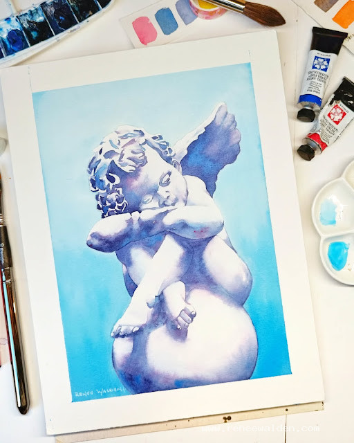 Painting of a sculpture of a cherub in watercolour