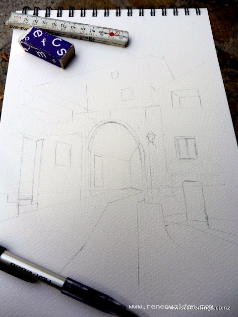 Pencil sketch blocking in the main shapes and perspective lines