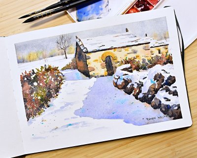 painting winter light and shadows in watercolour