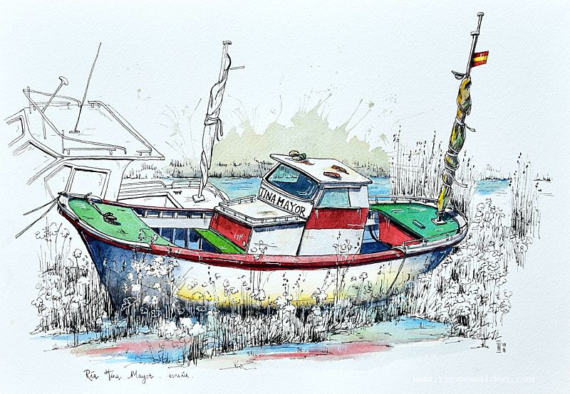 Sketching a boat in pen and watercolour