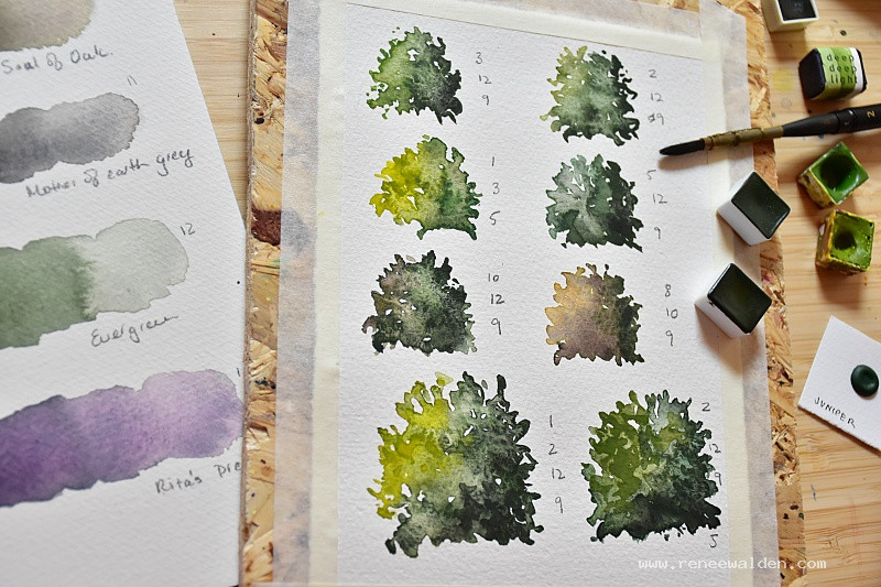 Swatching watercolour greens
