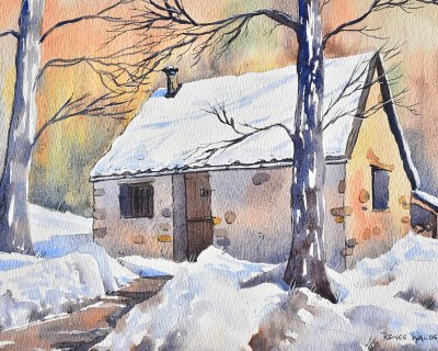 Snowy mountain hut